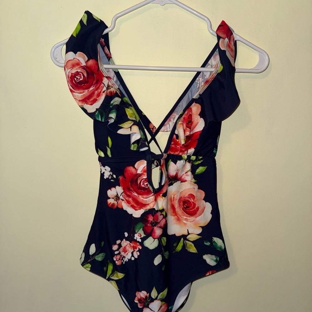 Cupshe Floral One Piece Swimsuit - Navy Blue and Red